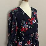 Ralph Lauren LRL Dress Midi Floral Ruffle Balloon Sleeve Lined Belt Blue Red Photo 1
