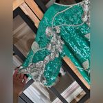 Vintage 80s Sequins Silk Beaded Top Emerald Floral life of a showgirl blouse Silver Size M Photo 6