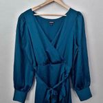 EXPRESS  | Satin Ruffle Hi-Lo Maxi Dress Sleeve Faux Wrap Jewel Dark Teal | XL Photo 1