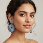 Round Denim Beaded Hoop Earrings Blue Dangle Drop Statement Earrings Photo 2