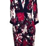 Ann Taylor Black Red White Multi Floral 3/4 Sleeve Knee Length Work Shift Dress Photo 0