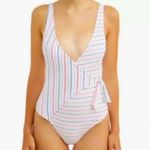 No Boundaries Red White Blue Striped Faux Wrap One Piece Swimsuit Photo 0