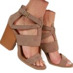 Hinge  size 7.5 taupe leather zipper back 4” heeled sandals. Photo 0