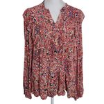 Red Floral Boho Blouse Size Large Democracy Floral Pintuck Ruffled Top Photo 0