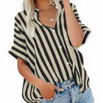 Boutique Striped Black and Beige Women's Button Up Short Cuffed Sleeve Top Shirt New Photo 0