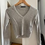 Brandy Melville Milena Grey Ribbed V-neck Cropped Sweater Photo 1