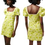 ZARA Jacquard Knit Floral Puff Sleeve Mini Dress Citrus Yellow Green Size S Photo 1