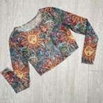 None Sheer ruffle trim tattoo style celestial cropped long sleeve sun shirt sz medium Photo 0