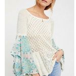 Free People Pointelle Breeze Bell Sleeve Top Tunic Medium M Blue Ivory Photo 0