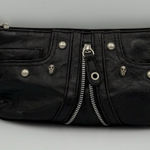 Black Leather Wristlet Clutch Skulls Zipper Moto Biker Studded Goth Edgy Photo 0