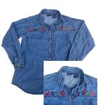 Solutions Denim Christmas Holiday Denim Button Up Shirt Embroidered Small Ugly Blue Photo 1