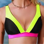 Cupshe New  Neon Yellow & Neon Pink Colorblock Plunging Bikini Top Size Medium Photo 3