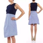 Carven Gray Blue Striped Asymmetrical Sleeveless Cotton Blend Flare Dress Small Photo 3
