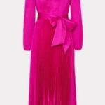 Milly NWOT  Liora Long Sleeve Pleated Satin Bright Pink Midi Dress sz 0 Photo 3