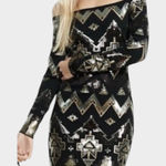 EXPRESS Off the Shoulder Black and Gold Aztec Sequin Dress Photo 0