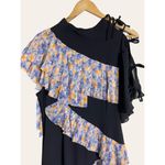 HAGAHI Navy Blue Pleated Floral Print Short Sleeve Asymmetrical Dress Size 6 Photo 1