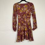 Free People  Red Floral Balloon Sleeve Mini Dress Womens 2 Peasant Satin Burgundy Photo 11