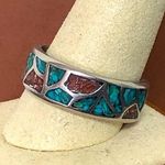 Sterling Silver Southwest Native Crushed Turquoise Coral Mosaic Ring Sz 12-1/2 Photo 0