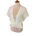 Vintage Cream Crochet Knit Tie Front Cover Up | 70s Boho Sheer cardigan Photo 1