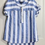 Ellen Tracy 100% Linen Blue White Striped Zip Front Short Sleeve Blouse Top S Photo 0