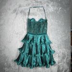 Betsey Johnson  Dress Women 2 Emerald Green Bustier Dress Tiered Ruffle Gold Lace Photo 2