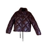 Milly Burgundy Faux Leather Quilted Puffer Jacket Stand Collar Full Zip Photo 3