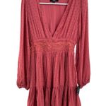 Lulus  rayon Swiss dot deep v-neck tiered mini dress dusty rose lace M skater Photo 0