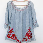 Westport  Womens Blouse‎ Sz 2X Blue White Stripe Embroidered Boho Peasant Coastal Photo 0