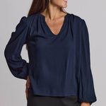Ramy Brook Womens Navy Ruched Sleeve
V-Neckline Silky Blouse Sz XS Photo 0