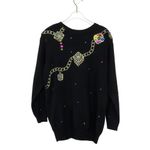 Chaus 1980s Vintage Gem Rhinestone Gaudy Knit Black Gold Sweater Small Photo 2