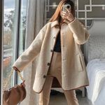 ZARA Tan Brown Cream Sherpa Suede Leather Button Down Coat Jacket Photo 0