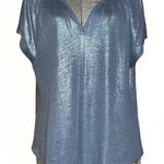 Chico's Chico’s Linen Metallic Foil Tee Top Soft Slate Blue Short Sleeve NWT Size 2 L Photo 0