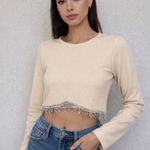ZARA  Cream Ribbed Cropped Sweater with Crystal Fringe | Size S Photo 0