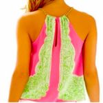 Lilly Pulitzer  Riviera Pink & Green Silk Gold Chain Halter Top Size Medium Photo 4