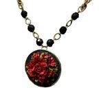 Vintage Red Carved Rose Brooch Pin Gold Tone Textured Pendant Necklace Mexico Photo 2