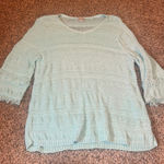 Chico's  Light Blue Knit Sweater 3 L Bell Sleeve Fringe V Neck‎ Casual Top Photo 0