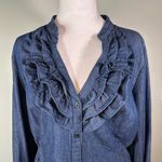 Denim 24/7 Women's Blue Denim Ruffle Front Long Sleeve Shirt Size 18W Photo 1