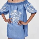 ZARA  Off The Shoulder Embroidered Denim Chambray Floral Mini Dress XS Blue White Photo 0