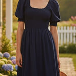 Hill House Home Louisa Nap Dress – Navy, Size M, Wrinkle-Resistant Smocked Midi Photo 0