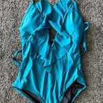 Boutique Coastal Blue Deep V Ruffle Front  Monokini Photo 2