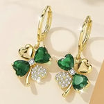 Gold Green Clover Drop Earrings Crystal Heart Shamrock Leverback NWT Photo 0