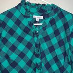 kim rogers  medium women's v-neck blouse plaid blue green button-down roll tab Photo 1