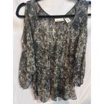DKNY JEANS Cold Shoulder Blouse Black White Floral Print Gathered Waist Size L Size L Photo 1