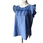 The Loft  Blue Ruffle Shoulder Embroidery Yoke Shell, Sz M Photo 3