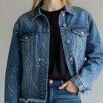 O&O Blue Paint Splatter Cropped Denim Jacket Size Large Casual Denim Jacket Photo 0
