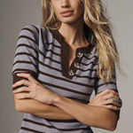 Maeve  Purple Brown Stripe Ribbed Short Sleeve Henley Shirt Preppy Sparkle 2X Photo 0