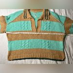 Free People Striped Oversized Knit Sweater Preppy Varsity Look in Teal and Tan Photo 2