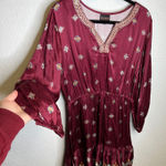 Shyanne Burgundy Embroidered V Neck Smocked Waist Ruffle Hem Dress Women Large Photo 0