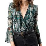 Band Of The Free New Floral Flare Long Sleeve Bodysuit Black Emerald Size Medium Photo 0