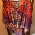 One World  Red and Purple sheer Patterned Blouse with stretch bottom 1X Photo 0